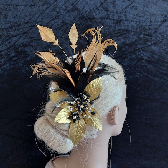Unique Black Gold Peacock Clip Feather Fascinator: UK  display picture 1