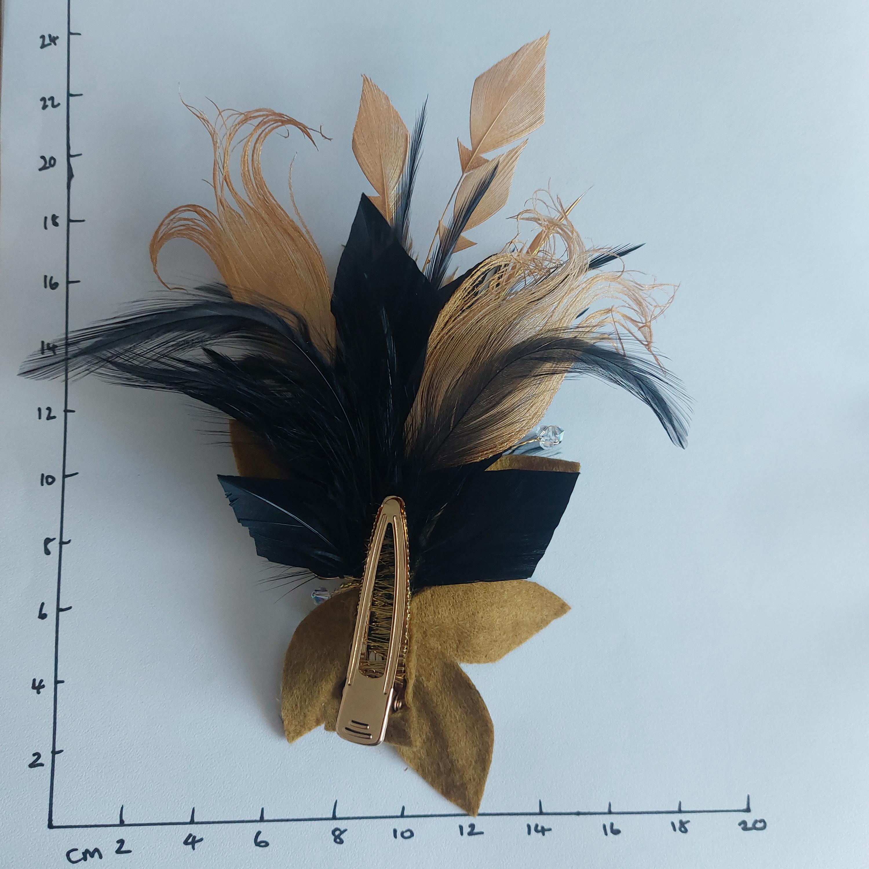 Unique Black Gold Peacock Clip Feather Fascinator: UK 
