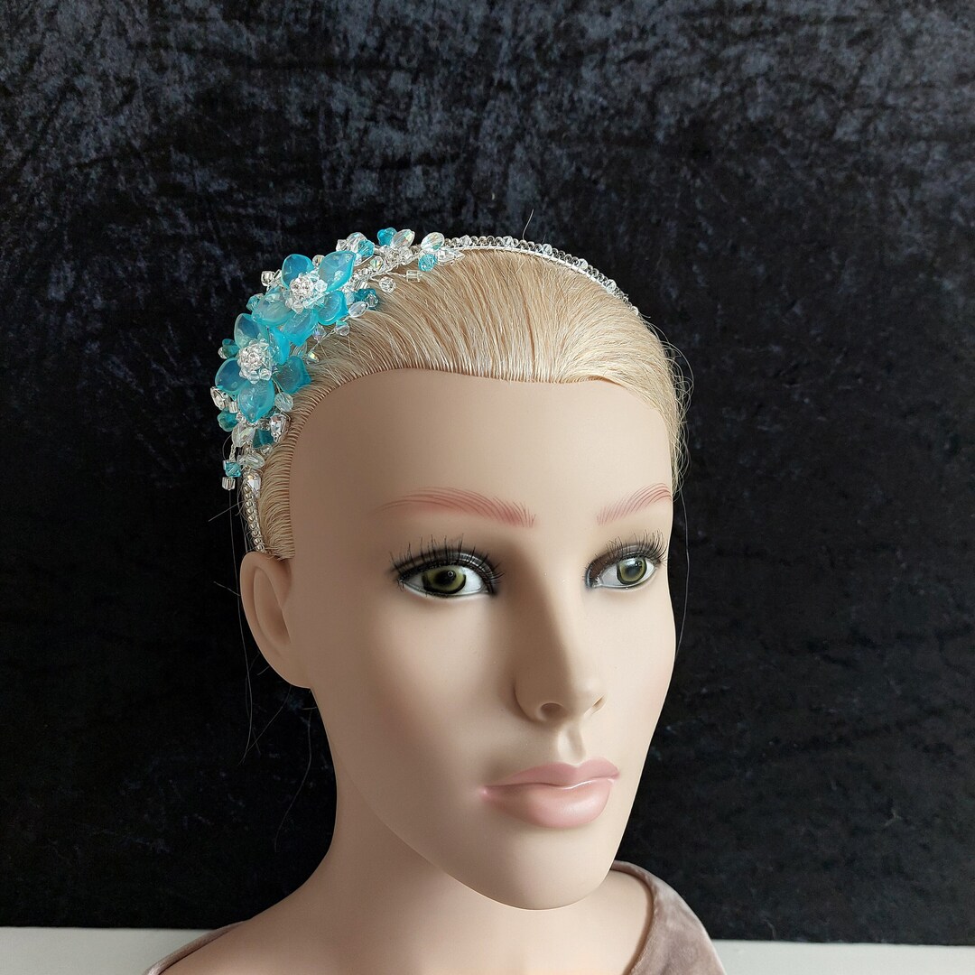 Unique Turquoise Blue Hair Piece Handmade Flower Jewel Vines on Silver