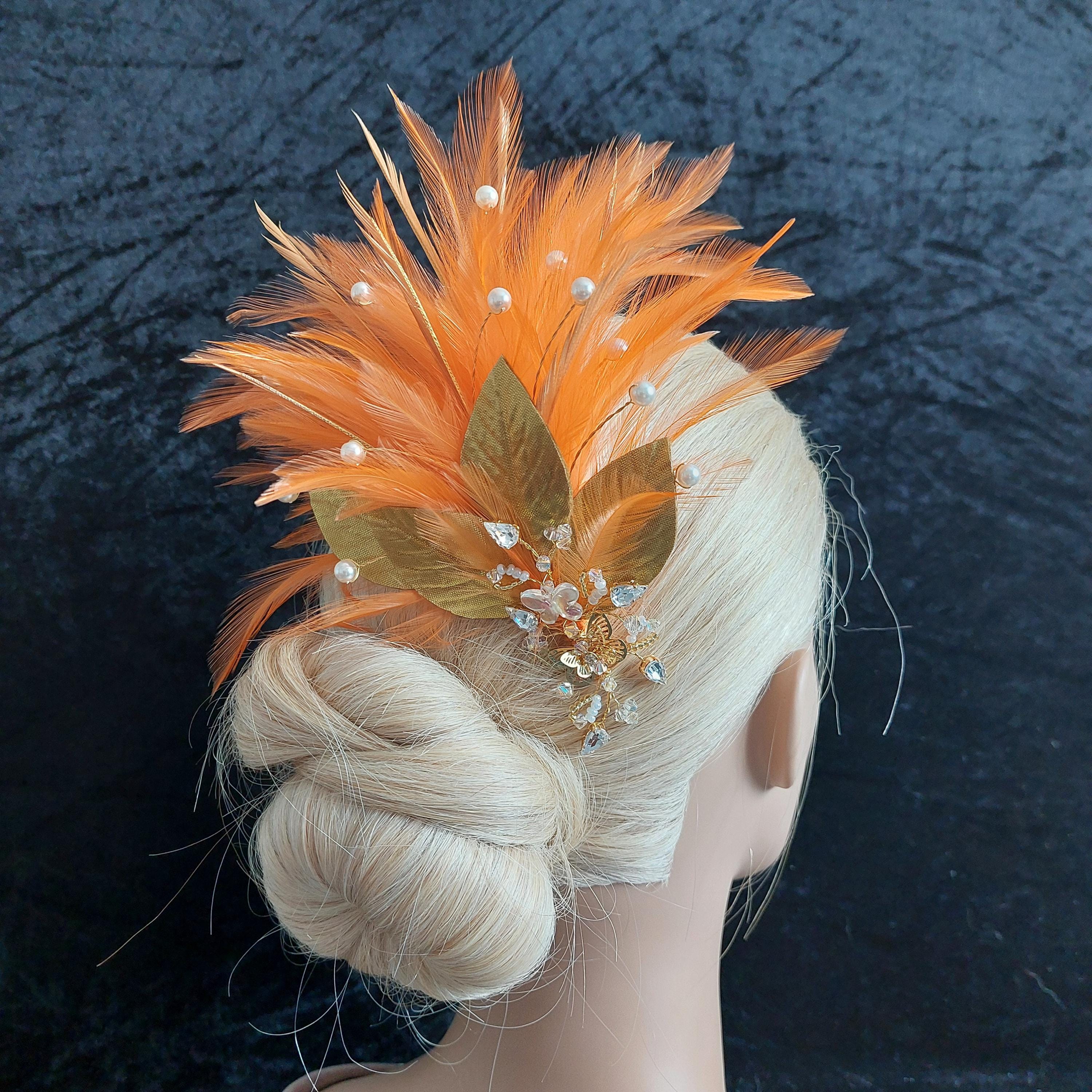 Unique Orange Gold Feather Fascinator: UK Handmade Jewel 