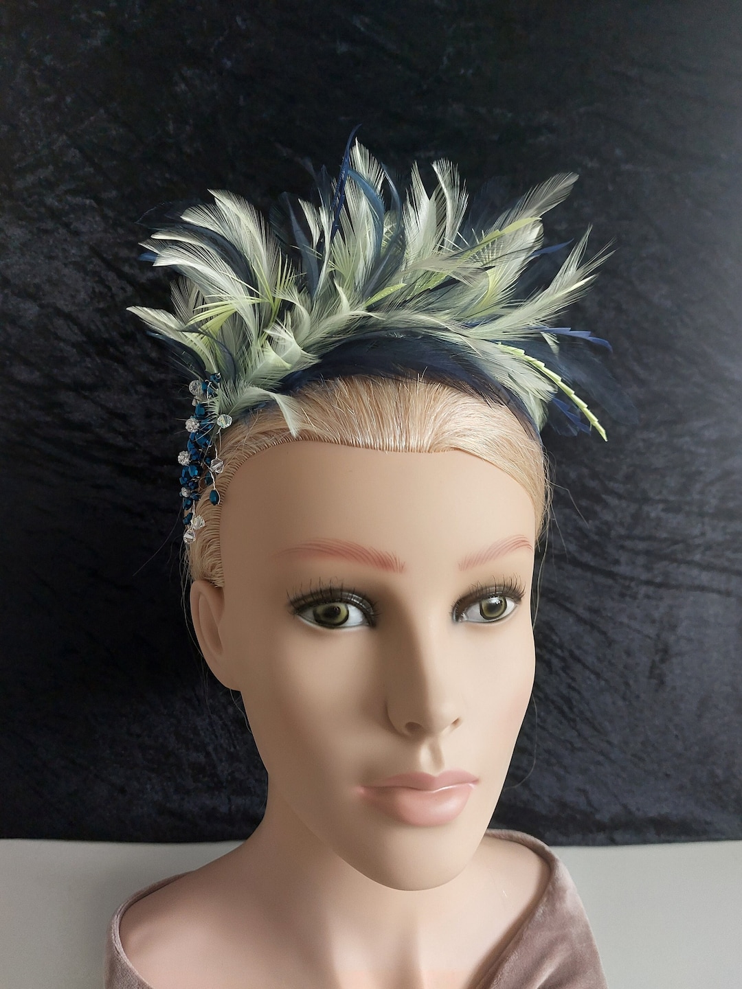 Unique Navy Blue and Lime Green Feather Fascinator Handmade Flower on