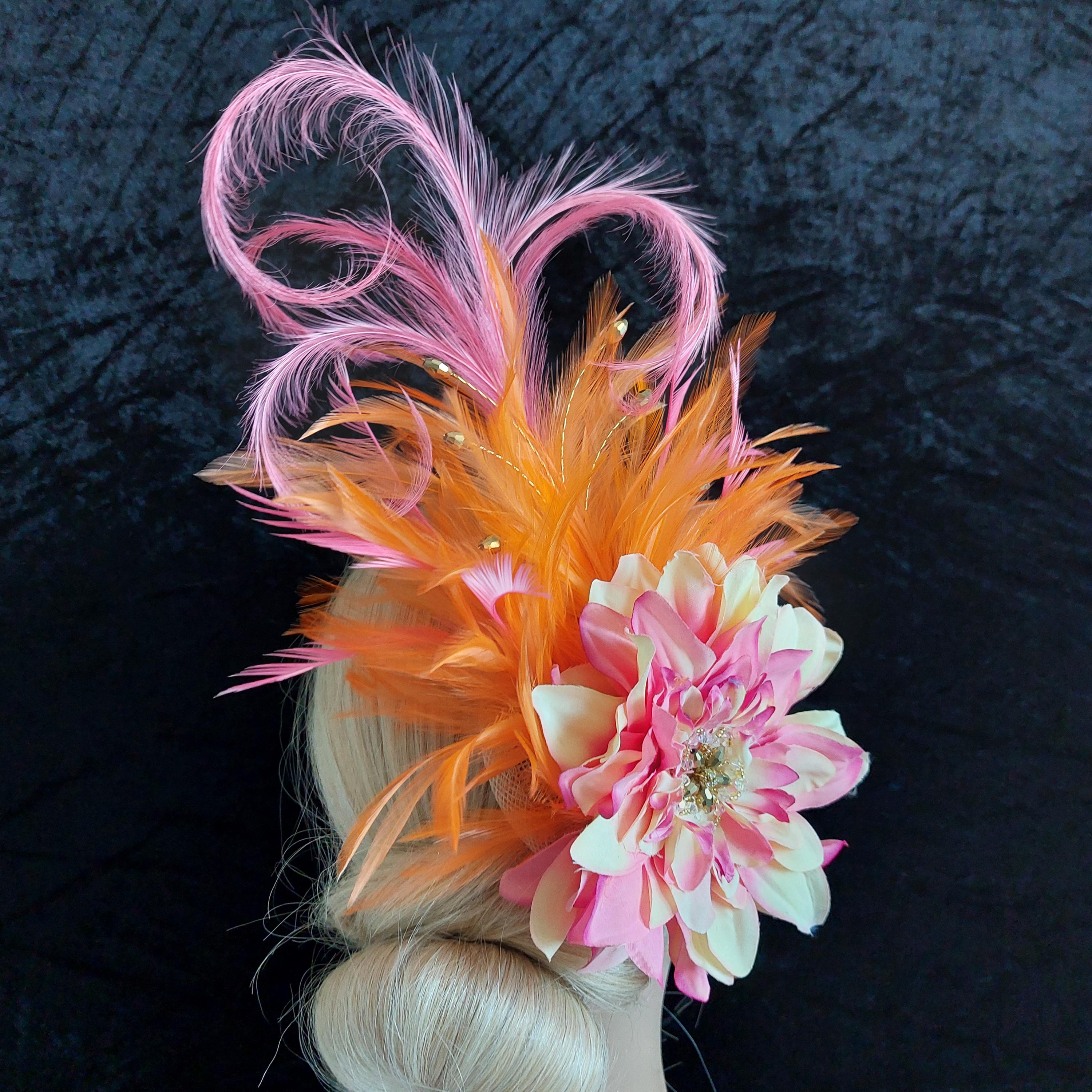 Vibrant Pink & Orange Feathered Fascinator with Orange-Red Ribbon Pink and Orange Fascinator - Etsy main image 2