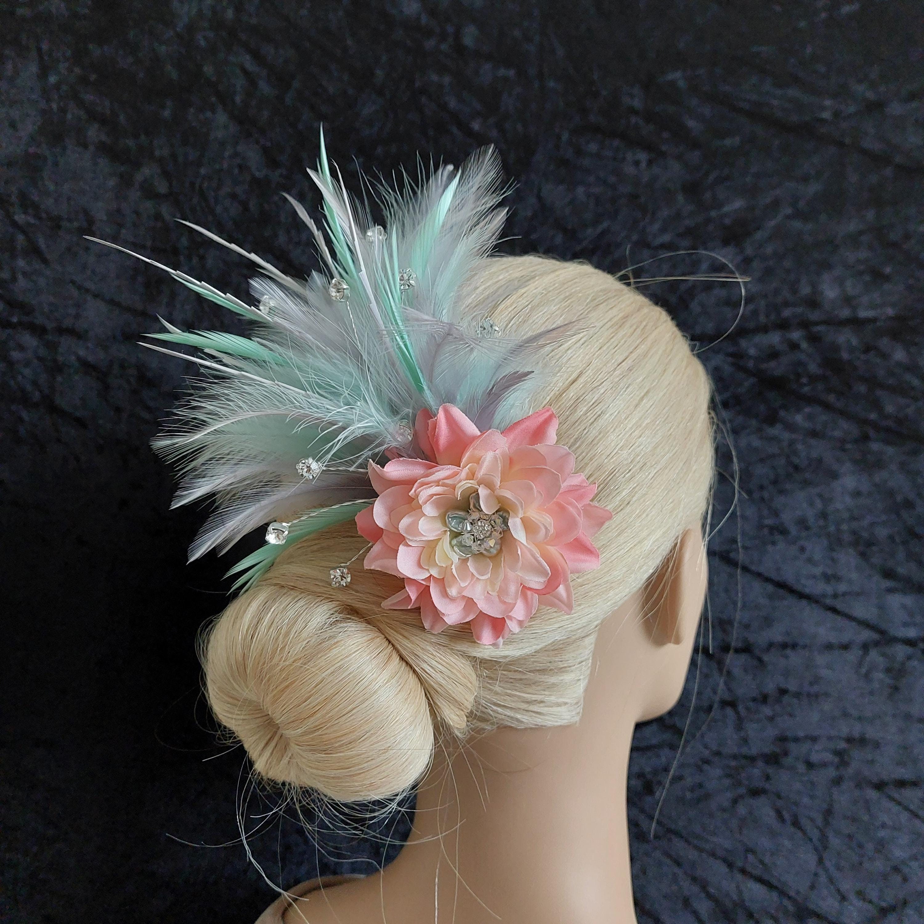 Elegant Mint and Pink Floral Feather Fascinator Hat - Women Accessories kentucky derby hat fascinator large mint green sinamay  main image 4