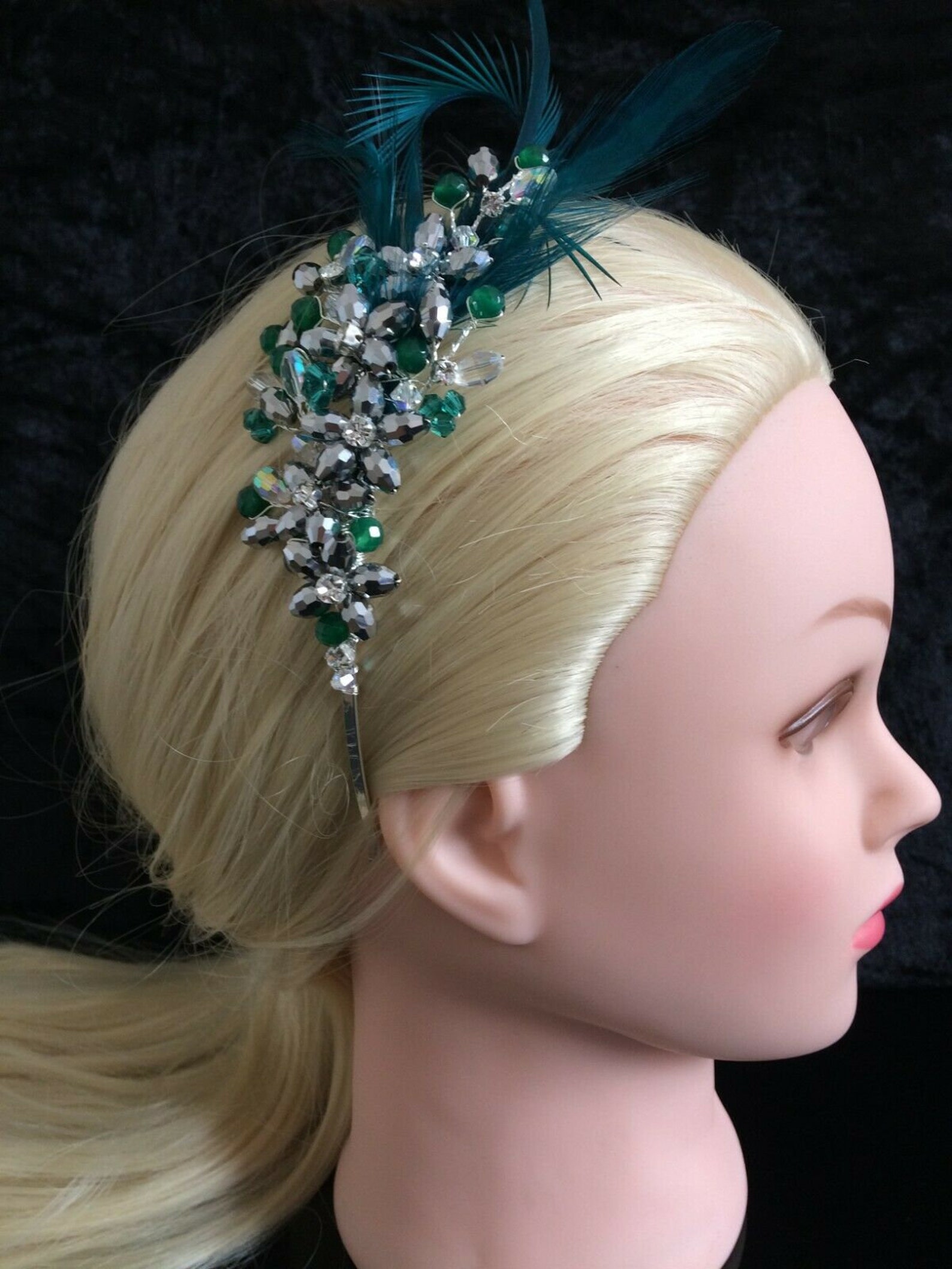 Unique bride silver Jade headband Emerald Green fascinator Etsy