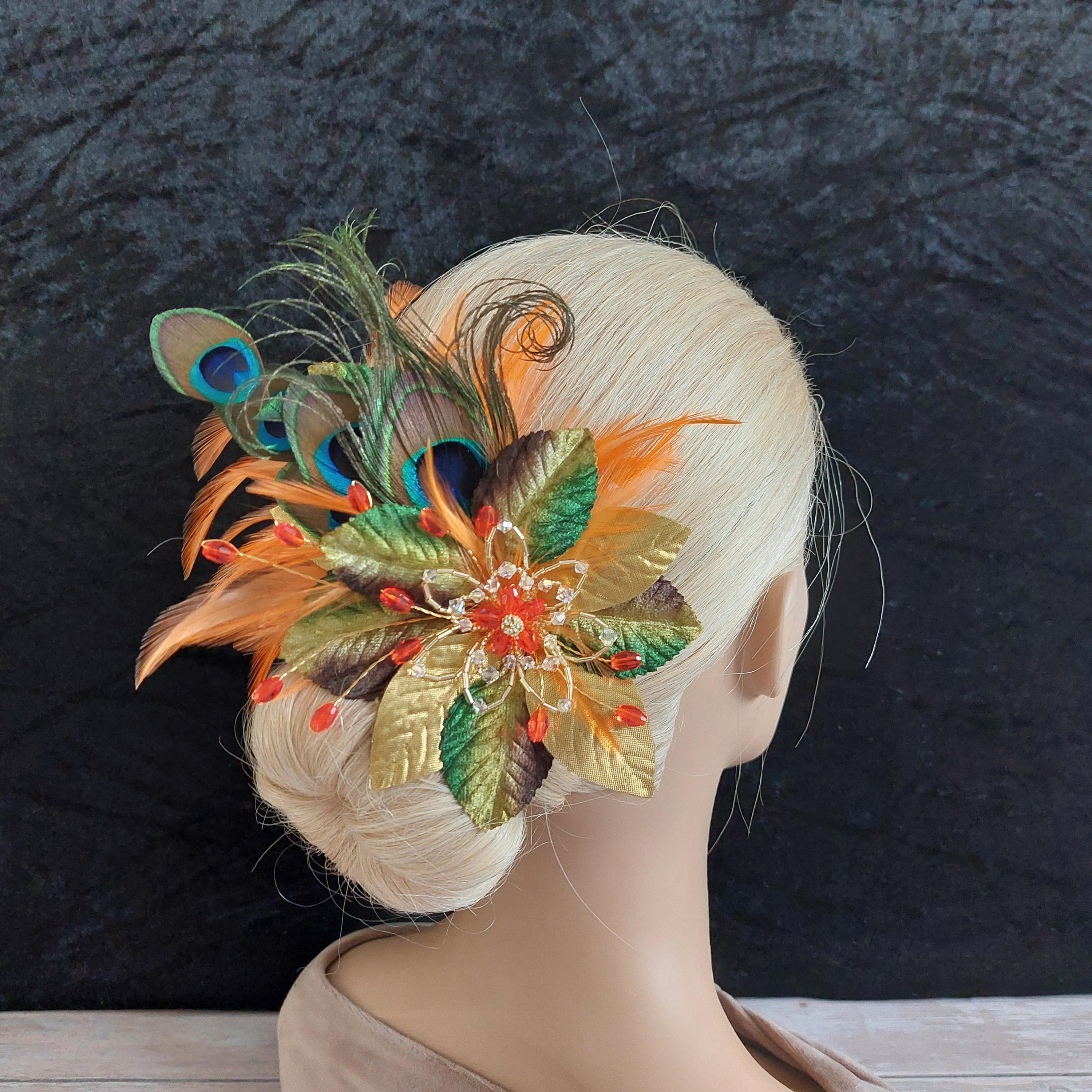 Miss Cynthia Feather Fascinator Hat Clip Headband Unique Orange Gold Feather Fascinator: UK Handmade Jewel  main image 2