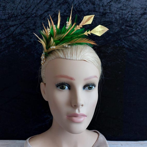 Unique Emerald Bright Gold Feather Fascinator: UK Handmade  display picture 3