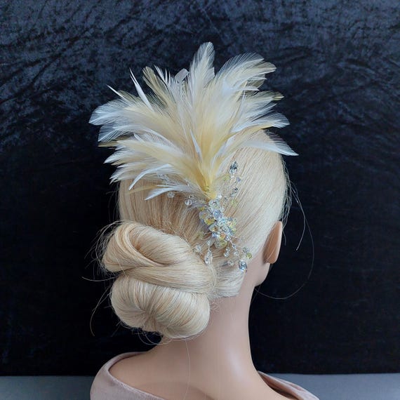 Unique White Lemon Silver Feather Fascinator: UK Handmade 