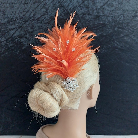 Orange Feather clip on hair piece Feather Hair Clip | Orange Peacock Hair Piece | Feather Planet main image 2