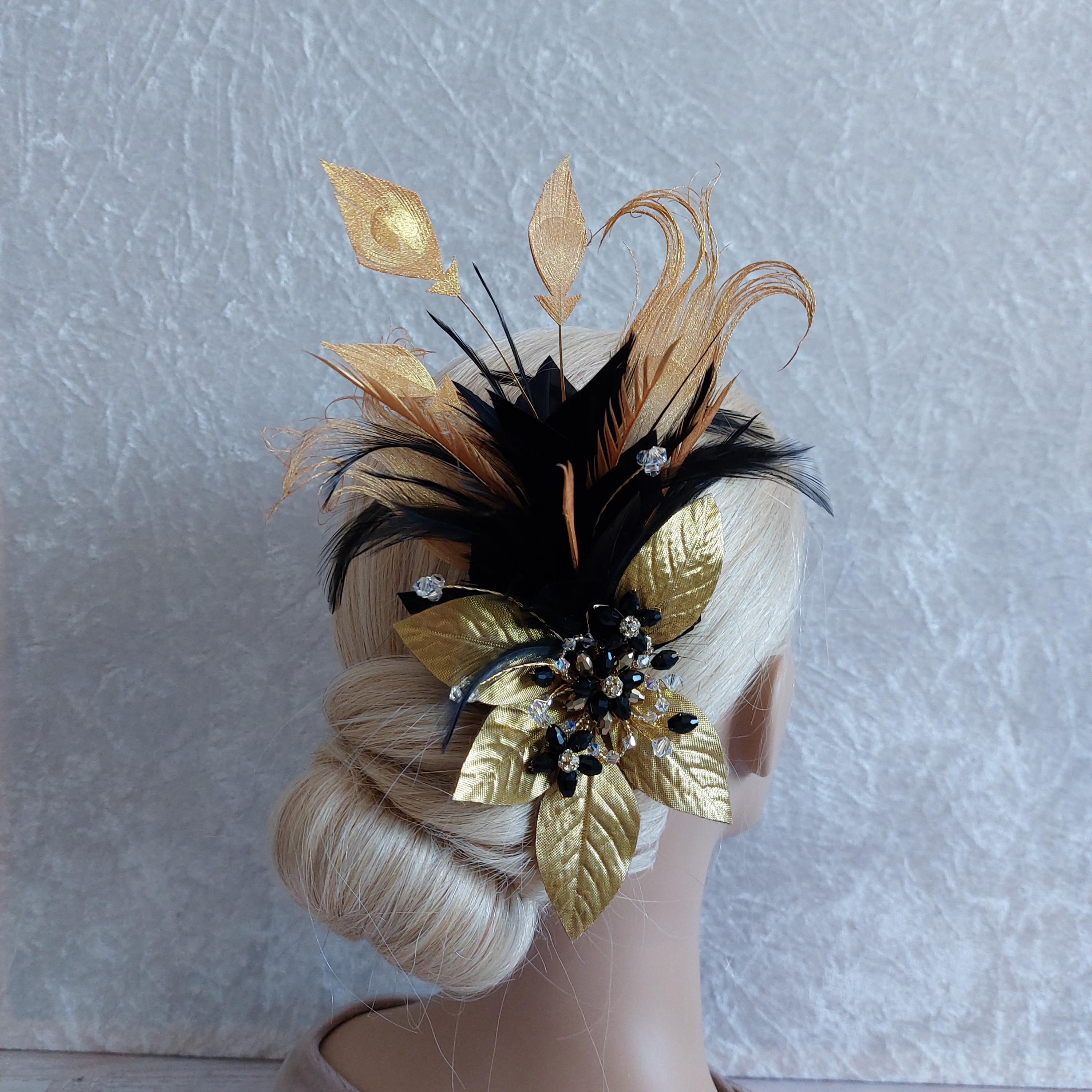 Black Gold Peacock Feather Fascinator: Unique UK Handmade  display picture 2