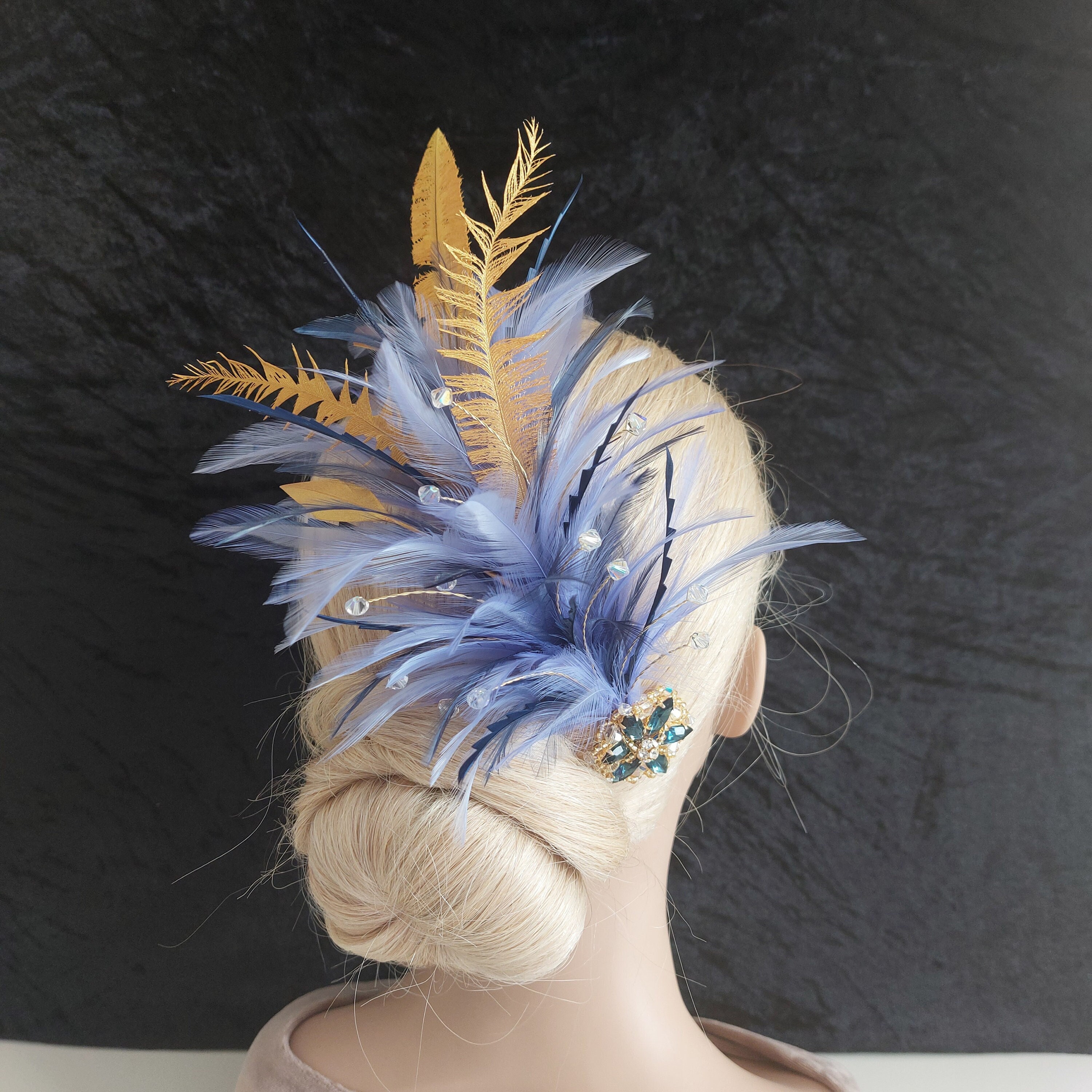 Unique Navy Gold Periwinkle blue Feather Fascinator: UK Handmade brooch with Swarovski Crystal,giftbox