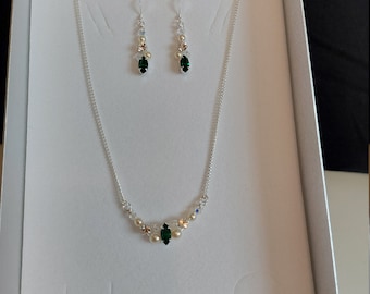 Emerald Green Crystal Ivory Jewellery Set: UK Handmade Necklace & Earrings LimitedEdition with Swarovski giftbox
