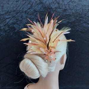 May include: A decorative hairpiece featuring a cluster of peach, tan, and brown feathers. The feathers are accented with small pearls and a peach-colored flower with a crystal center. The hairpiece is attached to a bun.