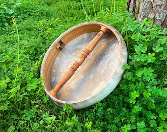 Air Tuning Shaman Drum with Parchinkari Inlaid Hornbeam Handle (Small Size)