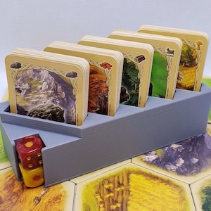Resource card holder and storage case with slots for dice and robber - 3d printed