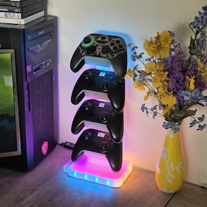 RGB light up controller tower, video game storage, LED upright display, 4 game controllers