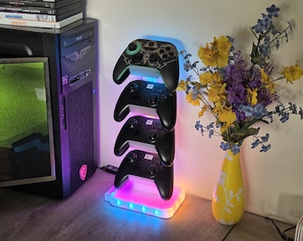 RGB light up controller tower, video game storage, LED upright display, 4 game controllers