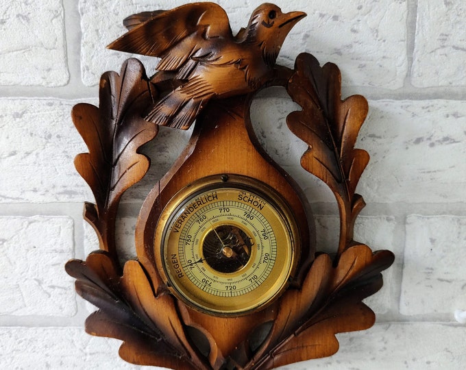 Vintage Barometer With Visible Mechanism, Wooden Casing in Bird and Oak ...