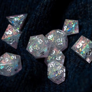 Eternal Winter - Handmade Sharp Edge Resin Dice Set for DnD, D&D, RPG Dice, Iridescent Dice, White Dice, Ice Dice, Snow Dice