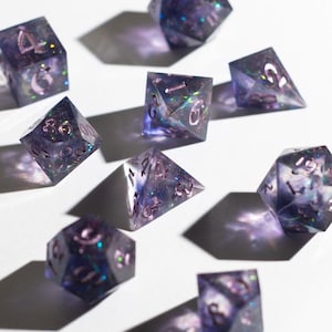 Weaver of Fate - Handmade Sharp Edge Resin Dice Set for DnD, D&D, RPG Dice, Purple Dice, Sparkly Dice
