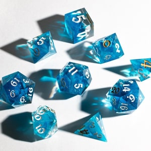 The Navigator&#39;s Tides - Handmade Sharp Edge Resin Dice Set for DnD, D&D, RPG Dice, Sparkly Dice, Ocean Dice, Blue Dice