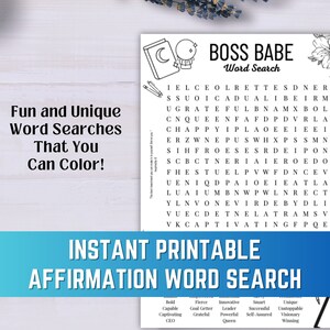 Peut inclure: Un puzzle de mots croisés imprimable en noir et blanc avec le titre "Boss Babe Word Search". Le puzzle présente des mots liés à des affirmations positives, tels que "capable", "fier", "innovant", "intelligent", "unique", "inarrêtable", "puissant", "confiant en soi", "gagnant", "reine", "leader", "reconnaissant", "bon obtenteur" et "PDG".