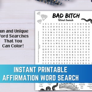 May include: A printable word search puzzle with the title "Bad Bitch Word Search". The puzzle features a snake and diamond illustrations. The words to find are: "determined, goddess, fearless, fierce, good, purpose, real, rare, sassy, strong, unapologetic, vibe".