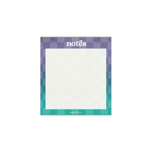May include: Square notepad with a white interior and a checkered border that fades from purple to teal. The word "notes" is in white, centered at the top. The phrase "inspired by it" is at the bottom.