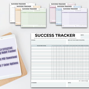 May include: A printable success tracker with a monthly calendar grid, a section for goals, and a section for notes. The text "HIGHLY EFFECTIVE Monthly Habit Tracker" is on a tablet in the image. The text "Instant PDF Download" is on the tablet. The text "Get All 7 Color Options" is on the tablet. The text "GAME CHANGER!" is in a yellow box in the upper right corner of the image.
