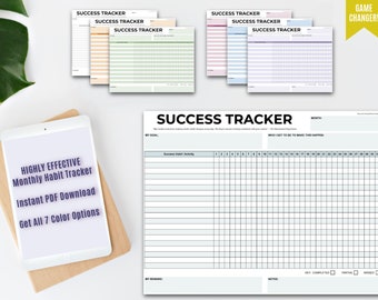 May include: A printable success tracker with a monthly calendar grid, a section for goals, and a section for notes. The text "HIGHLY EFFECTIVE Monthly Habit Tracker" is on a tablet in the image. The text "Instant PDF Download" is on the tablet. The text "Get All 7 Color Options" is on the tablet. The text "GAME CHANGER!" is in a yellow box in the upper right corner of the image.