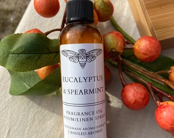 Raumspray Eukalyptus & Grüne Minze | Leinen Spray | Ungiftig | Sicher Sprayen | Bernstein Bullet-Flasche | Nebelsprüher | Duftendes Raumspray | Landhaus
