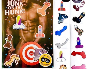 Pin the Junk on the Hunk Bachelorette Game, Erwachsenenparty, Hennenparty und Brautdusche Dekor, enthält Augenmaske und Aufkleber, versandfertig