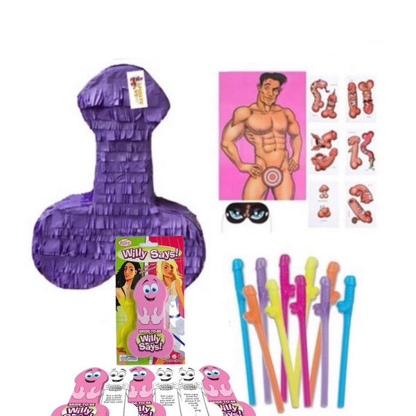 Bachelorette Party Combo Junk On the Hunk Game Adults Only Hen Party Novelty Gag Gift Penis Straws Penis Piñata Willy Says Game