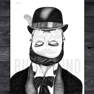 May include: Black and white illustration of a person wearing a bowler hat with a feather, a mask, and a suit. The word "Blind" is partially visible in the background.