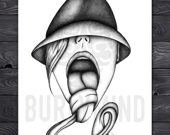 Taffy Stuck and Tongue Tied, Pen and Ink Print, Whimsical and Surreal Style Artwork