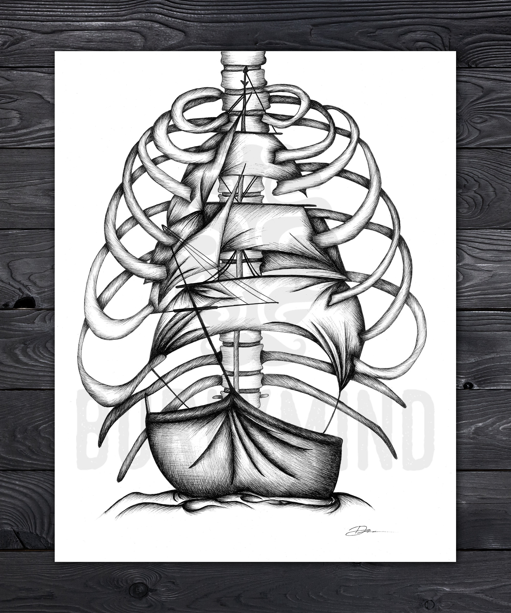 Internal Ship Launch, Rib Cage and Ship Pen and Ink Print, Whimsical ...