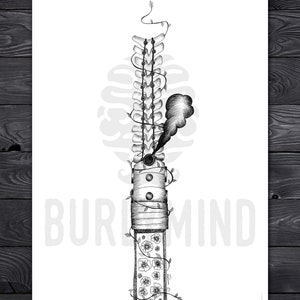 May include: Black and white illustration of a spine with vines growing up the sides. The spine is surrounded by a circle with the word "BURMIND" written in it. The spine is also decorated with flowers.