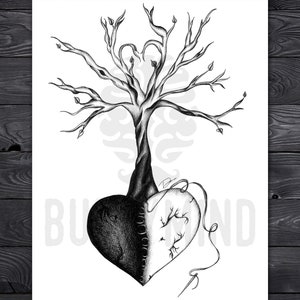Seasons, Love Seasons Heart Pen and Ink Print, Whimsical Style Seasons Love Heart Artwork
