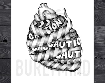 Caution My Heart, Pen and Ink Print, Whimsical, Surreal Black and White Art