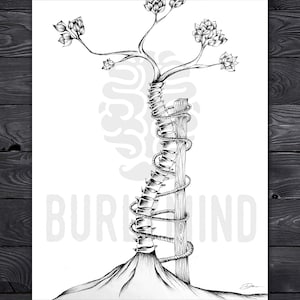 May include: Black and white illustration of a tree-like structure. The trunk is wrapped with a spine-like design and rope. The top features branches with flower-like buds. The word "BURR MIND" is printed in the background.