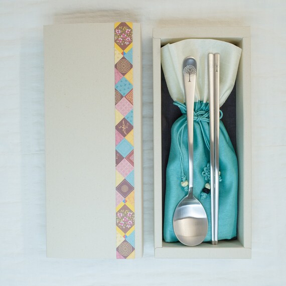 Silver White Tree Design Korean Chopsticks And Spoon Set Gift Etsy