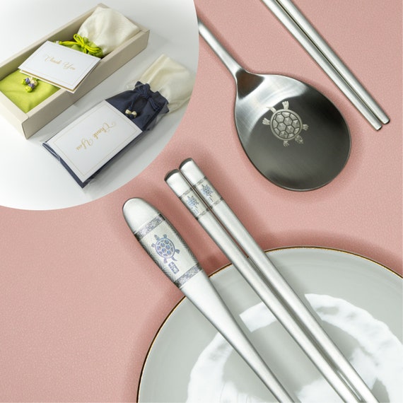 Silver Sea Turtle Design Korean Chopsticks And Spoon Set Gift Etsy