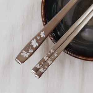 Silver Peach Blossom Design Chopsticks and Spoons _ Simple Package/Made in Korea/100% Stainless Steel Flatware/Korean Gift/Custom Engraving