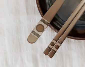 Silver Korean Traditional Pattern Chopsticks and Spoon_Simple Package/Made in Korea/100%Stainless Steel Flatware/KoreanGift/Custom Engraving