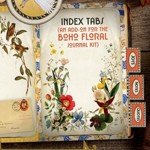 Rote Index Tabs für BOHO FLORAL Junk Journals, Notizbücher, druckbare Scrapbooking Ephemera Seitenmarker Abschnitt Etiketten Vintage Schulbedarf