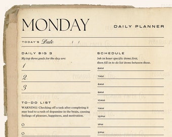 Weekly Printable Planner with notes vintage academia old book junk journal style