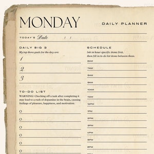 Weekly Printable Planner with notes vintage academia old book junk journal style