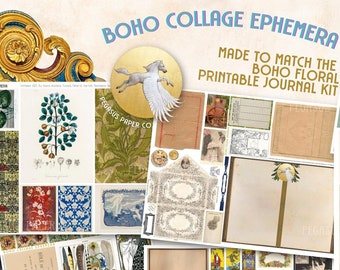 BOHO FLORAL Collage Ephemera Add-on Bohemian Junk Journal Kit Printable JPG Pages, Boho Digital Paper, Bohemia Pattern Digital Download
