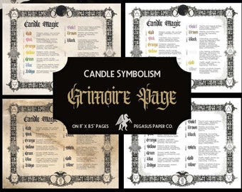 May include: Printable candle magic reference chart with a black and white ornate border. The chart lists candle colours and their associated meanings for spells and rituals. The title is "The Best Candle Colours for Spells".