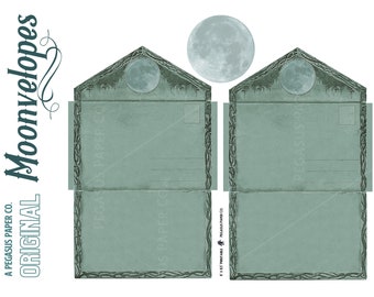 Puede incluir: Dos postales imprimibles de estilo vintage con un borde de luna y enredaderas. El texto "A Pegasus Paper Co. Original Moonvelopes" está en el lado izquierdo de la imagen.