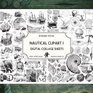 以下が含まれることがあります： 白黒の海事イラストが描かれたデジタルコラージュシート4枚。シートには、船、錨、コンパス、貝殻、その他の海事オブジェクトの画像が含まれています。シートには「Nautical Clipart I」というタイトルが印刷されています。